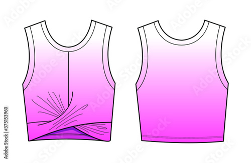 Cropped knotted tie-dye jersey tank top. Activewear fashion design. Flat sketches technical drawings Illustrator vector template.