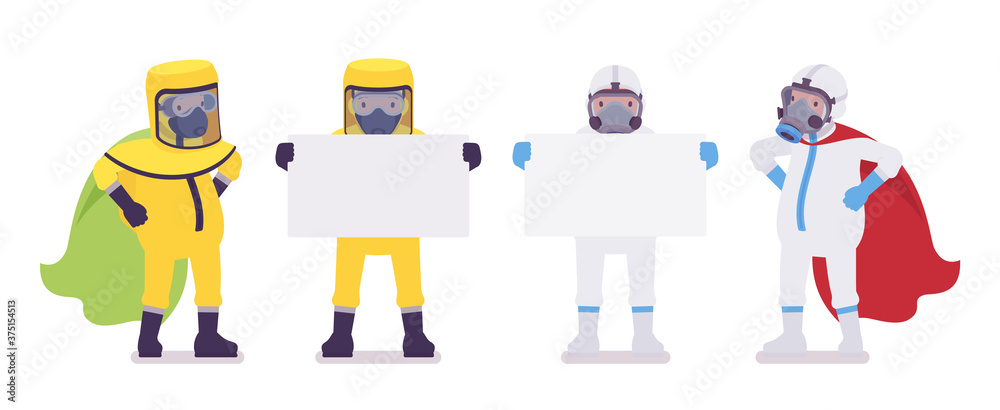 Man in hazmat clothing, disposable coverall with copy space banner. Workers in level A, C suit, chemical resistant gloves, hooded apparel, breathing apparatus. Vector flat style cartoon illustration Man in hazmat clothing, disposable coverall with copy space banner. Workers in level A, C suit, chemical resistant gloves, hooded apparel, breathing apparatus. Vector flat style cartoon illustration