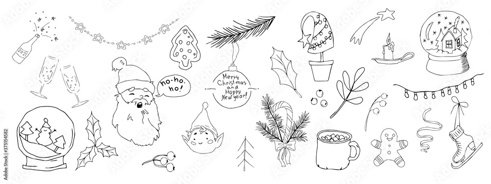 Christmas doodles. Hand drawn xmas illustrations. Winter and New Year black outline icons. Modern design elements for holiday greeting card, gift tag, label, sticker, banner, poster, postcard Christmas doodles. Hand drawn xmas illustrations. Winter and New Year black outline icons. Modern design elements for holiday greeting card, gift tag, label, sticker, banner, poster, postcard