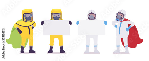 Man in hazmat clothing, disposable coverall with copy space banner. Workers in level A, C suit, chemical resistant gloves, hooded apparel, breathing apparatus. Vector flat style cartoon illustration