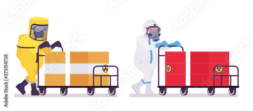 Man in hazmat protective disposable coverall pushing trolley. Workers in level A, C suit, chemical resistant gloves, hooded apparel, breathing apparatus. Vector flat style cartoon illustration