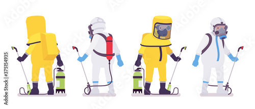 Man in hazmat protective clothing, disposable coverall with sprayer. Workers in level A, C suit, chemical resistant gloves, hooded apparel, breathing apparatus. Vector flat style cartoon illustration