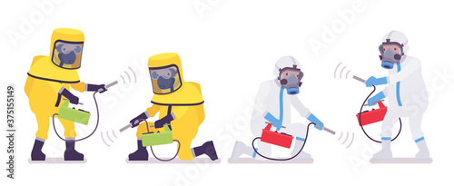 Man in hazmat clothing, disposable coverall holding Geiger counter. Workers in level A, C suit, chemical resistant gloves, hooded apparel, breathing apparatus. Vector flat style cartoon illustration