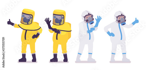 Man in hazmat protective clothing, gloves and disposable coverall. Workers in level A, C suit, chemical resistant gloves, hooded apparel, breathing apparatus. Vector flat style cartoon illustration