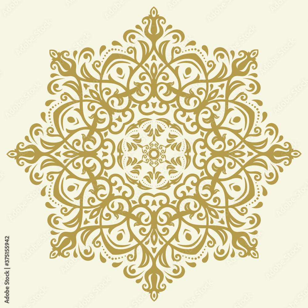 Oriental vector round golden pattern with arabesques and floral elements. Traditional classic ornament. Vintage pattern with arabesques Oriental vector round golden pattern with arabesques and floral elements. Traditional classic ornament. Vintage pattern with arabesques