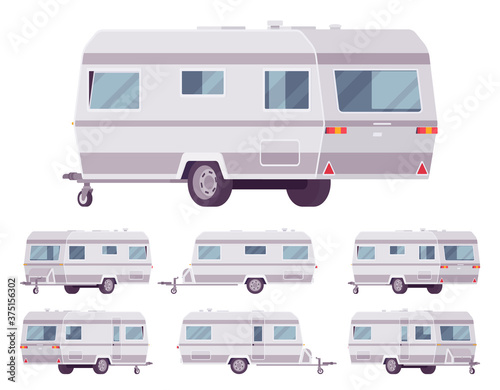 RV vintage style camper, travel trailer for outdoor adventures. Functional vacation van, camping experience and caravanning family lifestyle. Vector flat style cartoon illustration, different views