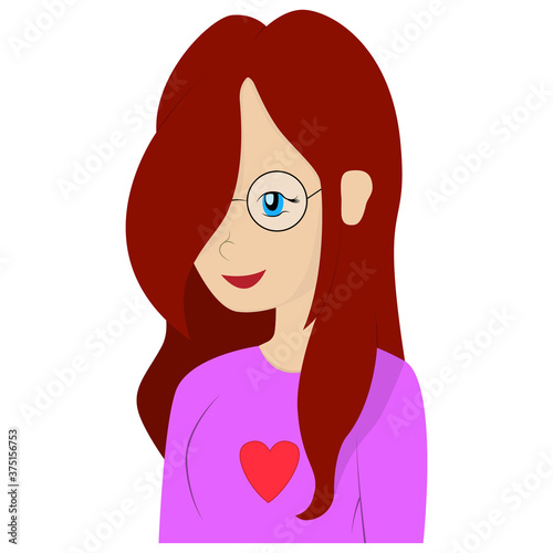 vector illustration of a bust of a young girl in glasses with blue eyes, a smile on her face, long brown hair in a pink blouse with a heart