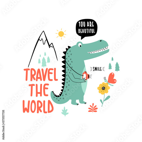 Vector color hand-drawn children’s illustration, print, a card with a cute green crocodile, drops, and lettering be wild in Scandinavian style on a white background.