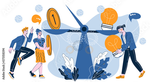 Business concept for investment in creative idea and advanced technology. Investor and developer or inventor with money and idea symbols, flat vector illustration isolated.