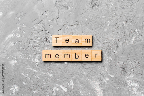 Team member word written on wood block. Team member text on table, concept
