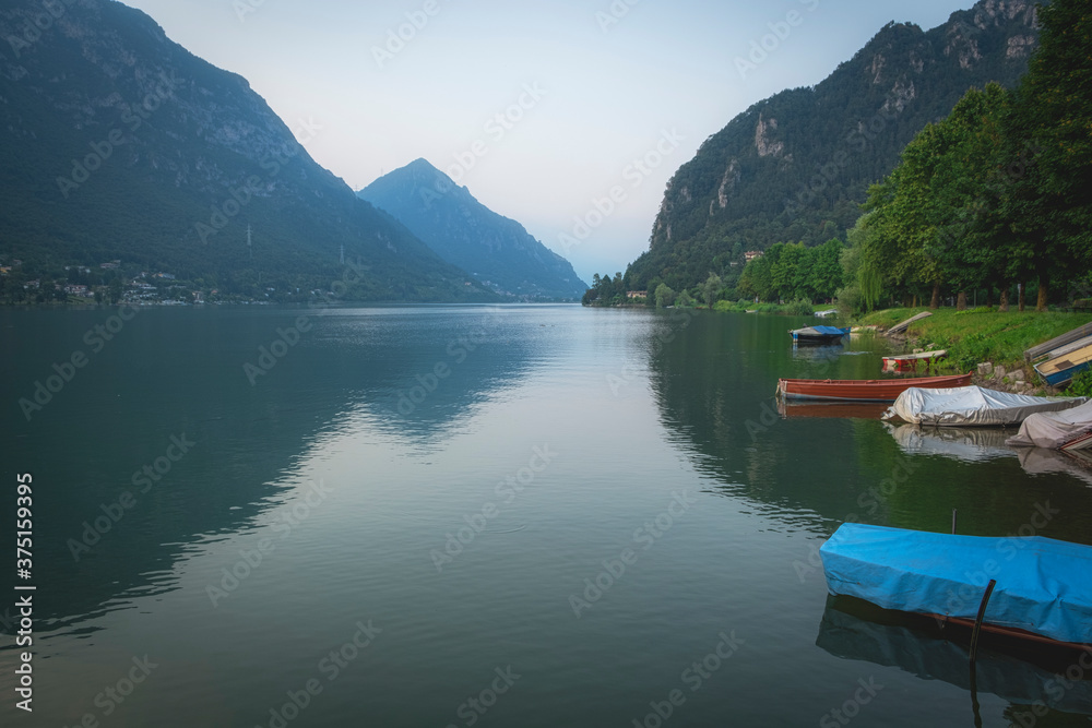 Late evening panorama of Idro Lake (Lombardy, Brescia Province, Northern Italy). Is a small glacial lake, at the border with Trentino region.