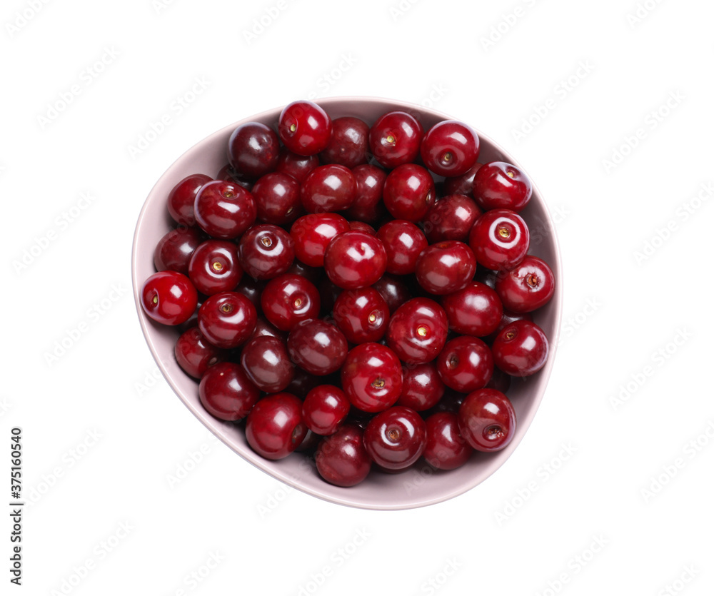 Sweet juicy cherries on white background, top view Sweet juicy cherries on white background, top view