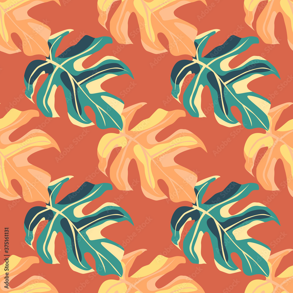 Seamless doodle green and orange monstera leaves silhouettes. Orange bright background.