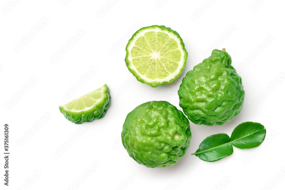 Flat lay (top view) of Bergamot fruit with cut in half and leaf isolated on white background. - obrazy, fototapety, plakaty 