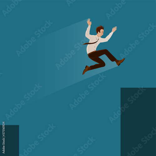 A businessman in a tie jumps over a gorge in the rocks. The concept of overcoming obstacles  the risk and courage in decision making. Vector illustration in cartoon style.
