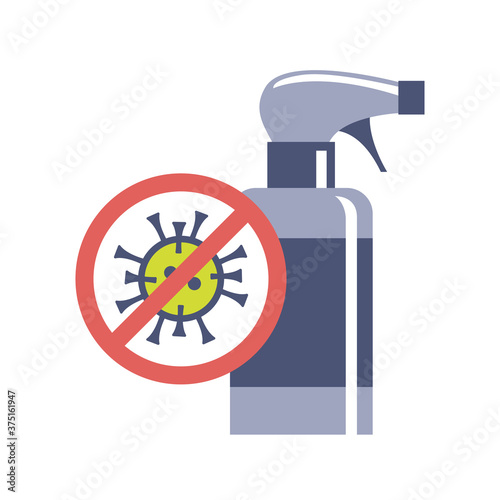 Antiseptic spray against coronavirus infection. Prevention of COVID-19 disease. Hand and surface treatment by irrigation. Vector isolated illustration.