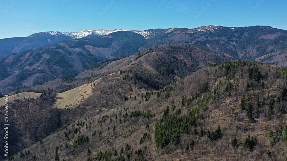 Aerial view of naked and forested hills under High Tatra mountains during dry winter without snow. Mixed forests contains mostly spruce trees and various naked broadleaf trees.