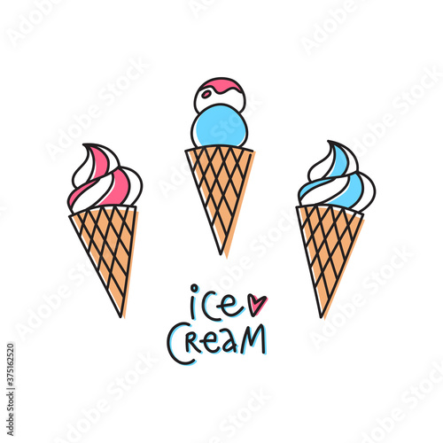 Ice cream doodle vector art with hand-drawn lettering. Minimalist drawing of summer dessert set. Isolated design element for card, sticker, web banner or print.