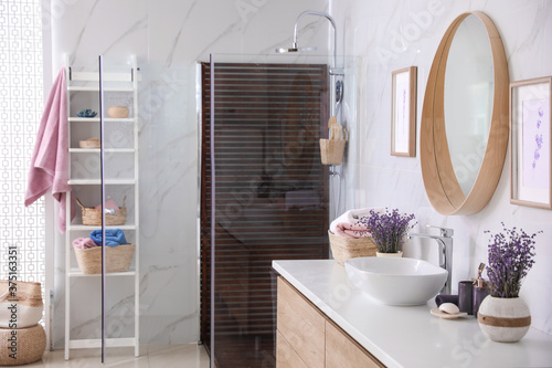 Bathroom interior with shower stall  counter and shelving unit. Idea for design