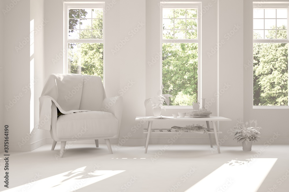 Fototapeta premium Stylish room in white color with armchair and green landscape in window. Scandinavian interior design. 3D illustration