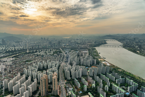 Awesome aerial view of Seoul at sunset, South Korea