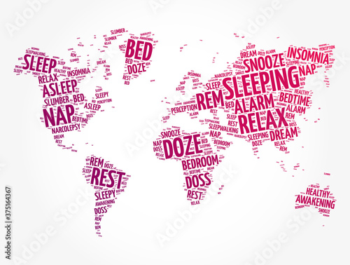 Sleeping word cloud in shape of world map, concept background