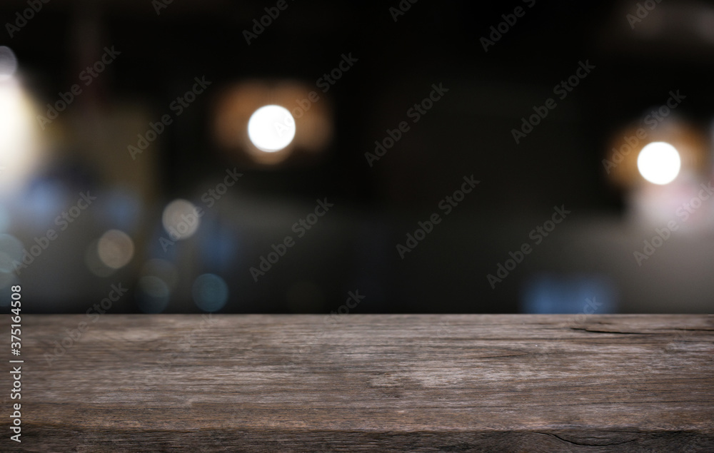 Wood Table Top in Blur Background room interior with empty copy space.
