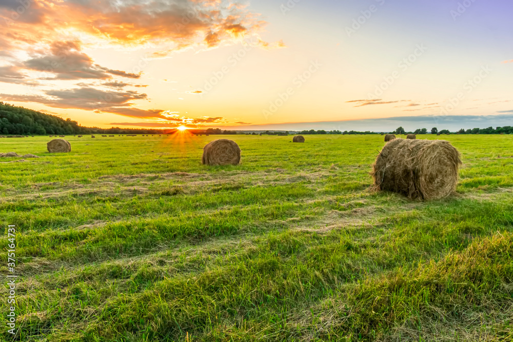 Scenic view at picturesque sunset in a green shiny field with hay stacks, bright cloudy sky , trees and golden sun rays with glow, summer valley landscape