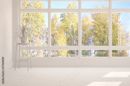 White stylish empty room with autumn landscape in window. Scandinavian interior design. 3D illustration © AntonSh