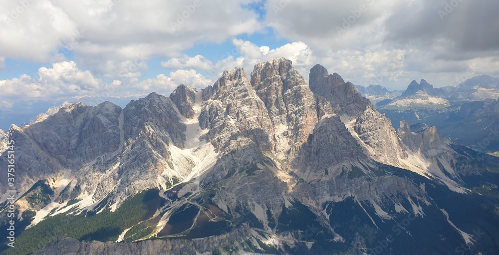 Picture taken while flying through the Dolomites in South Tyrol in summer. These mountains are near Cortina d'Ampezzo.