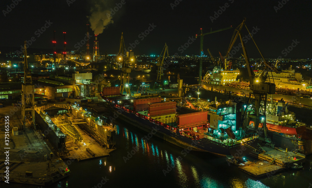 night air panorama of Gdansk Poland shipyard