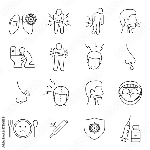 Icon Set of sick, virus infection, flu disease, fever headache sneeze, cold symptoms. Medical healthcare vector icon design.