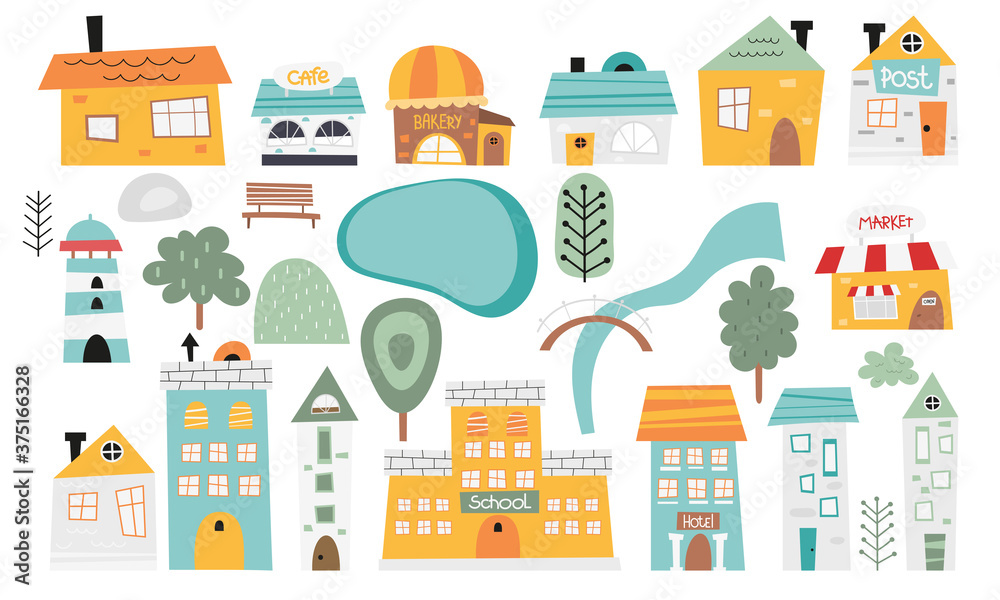 Set of houses in scandinavian style. Template for use in kids goods design – fabric, nursery art, packaging. Vector illustration isolated on white background. Building, trees, river for map creator.