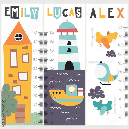 Kids height chart with kids airplanes, ship and lighthouse in doodle cartoon style. Vector Illustration. Growth measure for nursery design. Great for girl and boy. Little town theme.