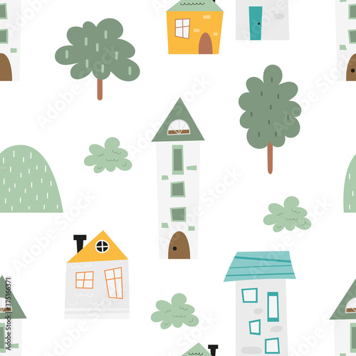 Cute seamless pattern for children’s room design and kids goods. Scandinavian style. Nordic little houses, trees and bushes. Vector illustration. Pattern is cut, no clipping mask.