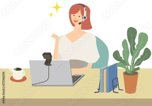 パソコンでオンライン英会話をしている女性のベクターイラスト