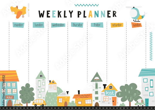 Weekly planner with nordic little town in doodle cartoon style. Kids schedule design template with cityscape. Vector illustration.