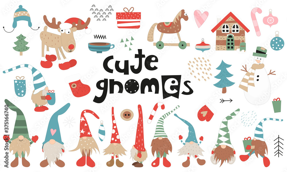 Vector set of cute scandinavian gnomes, christmas elements and characters. Kids illustrations isolated on white background. Cute collection for x-mas design.