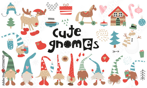 Vector set of cute scandinavian gnomes, christmas elements and characters. Kids illustrations isolated on white background. Cute collection for x-mas design.