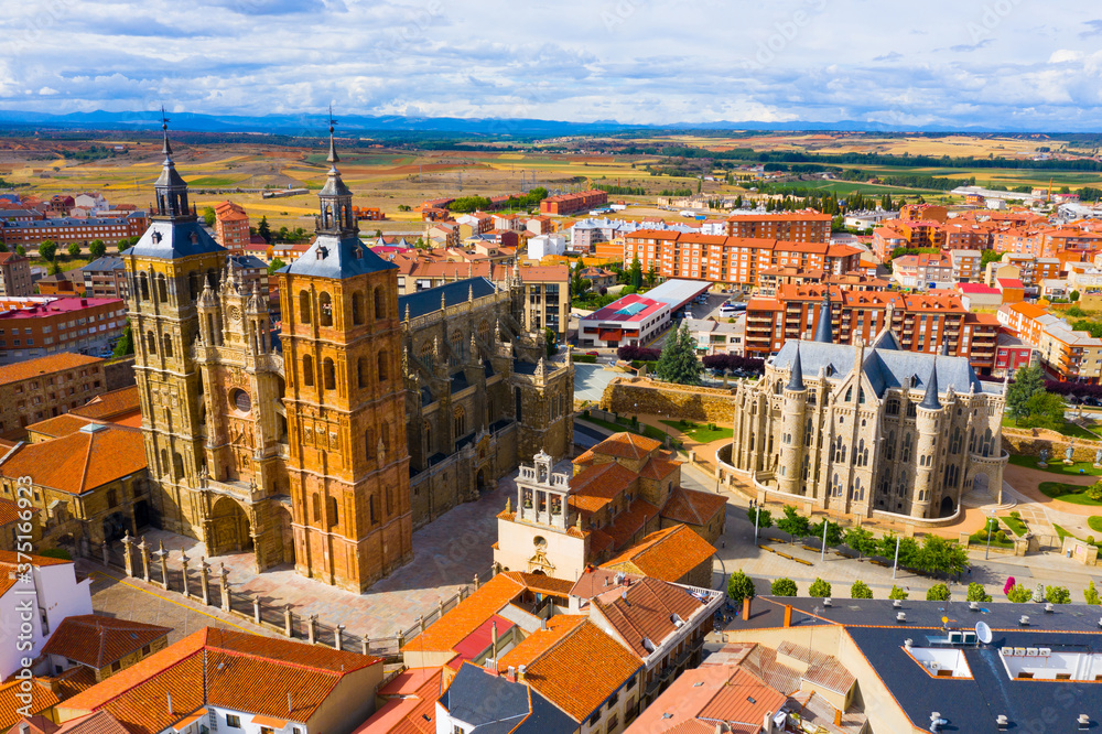 Aerial view of colorful Astorga cityscape with ancient Cathedral and Episcopal Palace, Spain