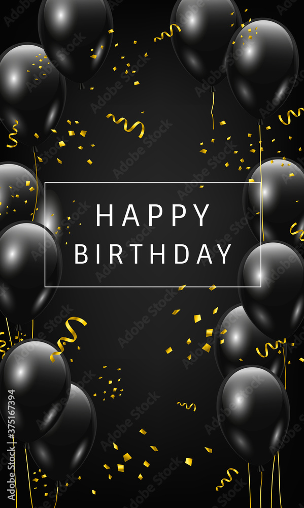 Happy Birthday card design with black glossy balloons and golden
