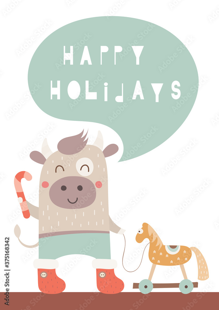 New year greeting card in scandinavian style with funny ox with wooden horse toy. Vector Illustration. Kids illustration for DIY, greeting card, wrapping paper. Lettering Happy Holidays.