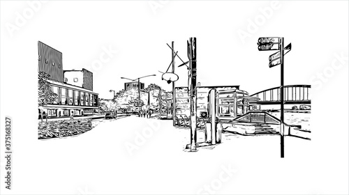 Building view with landmark of Arnhem is a city and municipality situated in the eastern part of the Netherlands. Hand drawn sketch illustration in vector.