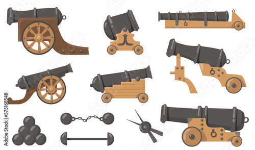 Leinwand Poster Medieval cannons with cannonballs flat illustration set