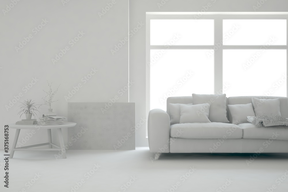 Fototapeta premium Stylish minimalist room with sofa in white color. Scandinavian interior design. 3D illustration