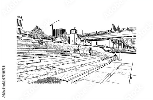 Building view with landmark of Arnhem is a city and municipality situated in the eastern part of the Netherlands. Hand drawn sketch illustration in vector.
