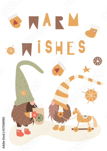 Christmas greeting card in scandinavian style with cute gnomes and wooden horse toy. Vector Illustration. Kids illustration for DIY, greeting card, wrapping paper. Lettering Warm wishes.