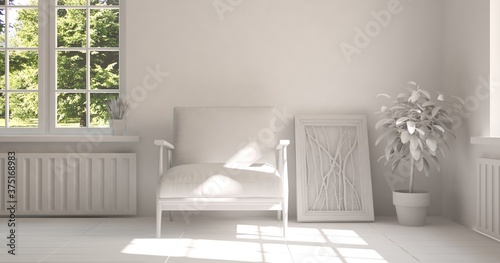 Stylish room in white color with armchair and green landscape in window. Scandinavian interior design. 3D illustration