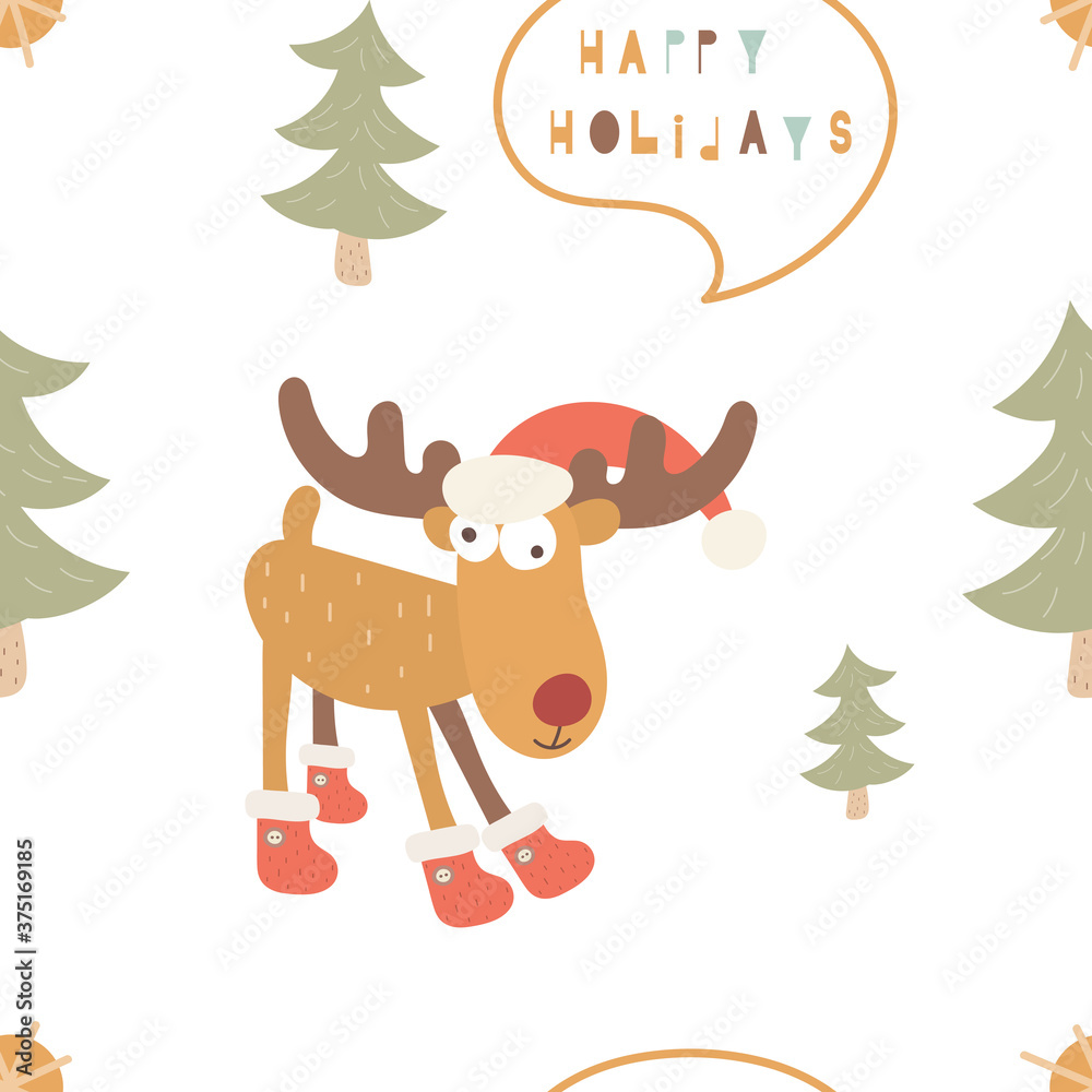 Cute seamless pattern for Christmas design and X-mas goods. Scandinavian style. Nordic funny reindeer, trees and lettering Happy holidays. Vector illustration. Pattern is cut, no clipping mask. Cute seamless pattern for Christmas design and X-mas goods. Scandinavian style. Nordic funny reindeer, trees and lettering Happy holidays. Vector illustration. Pattern is cut, no clipping mask.