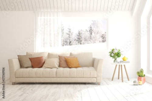 White stylish minimalist room with sofa and winter landscape in window. Scandinavian interior design. 3D illustration